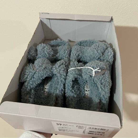 Birkenstock Arizona Big Buckle Shearling Slide Sandal in Blue Faded Aqua NEW 39 - Picture 10 of 11